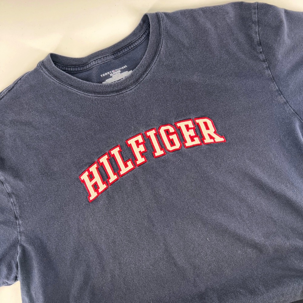 Tommy Hilfiger Mens XL T-Shirt Cotton Applique Logo Navy Blue Preppy Classic